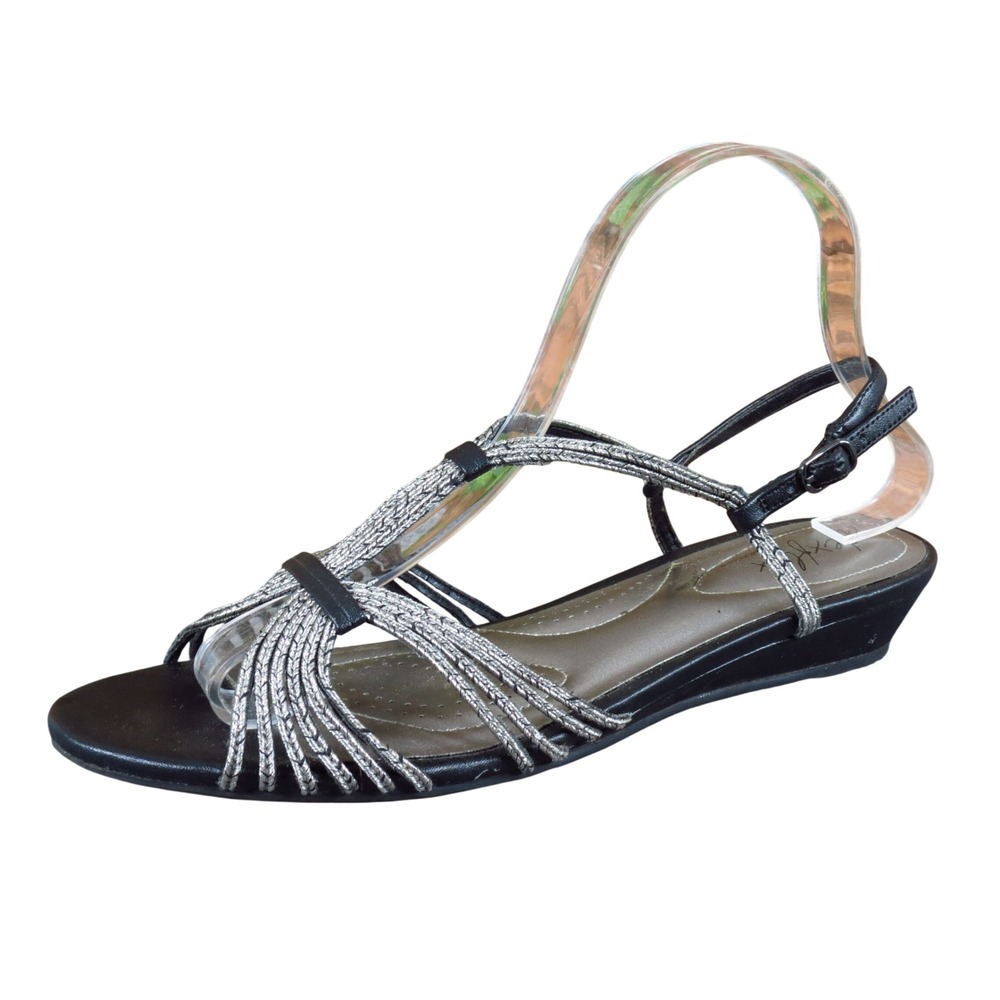 Dexflex Comfort 130480 Women Strappy Wedge Sandal 9 Evening Dress Black Silver
